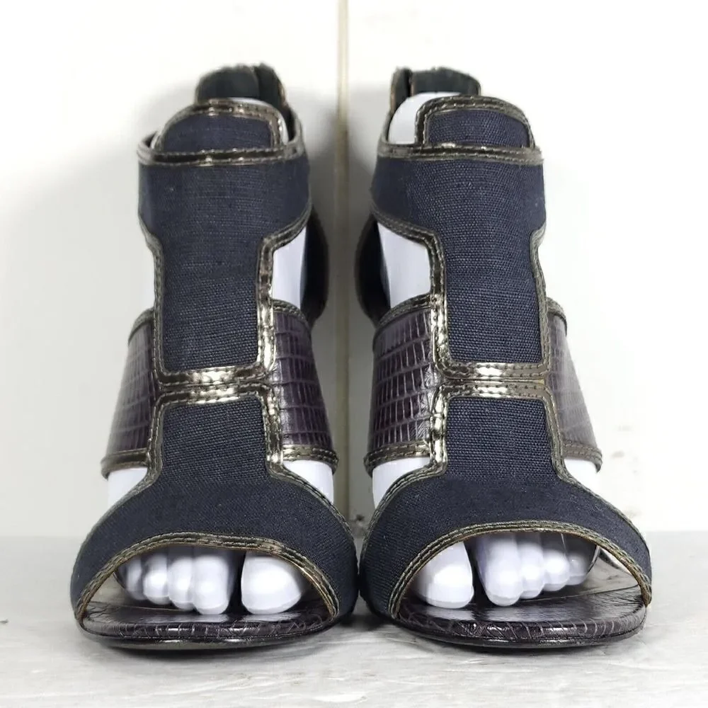 Tory Burch Women's US 10M Blue Canvas Leather Animal Print Cut-Out Heeled Sandal